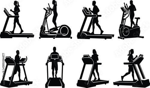 Cardio exercise silhouettes, treadmill workout vector, elliptical trainer artwork, stationary bike illustration, fitness activity design, black and white gym icons