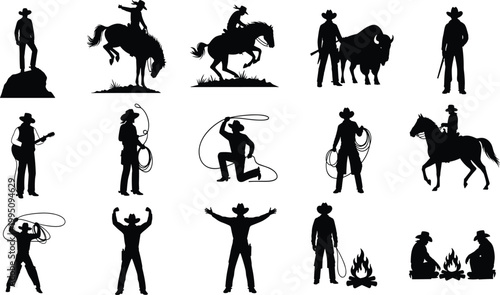 Cowboy silhouette collection, Western culture vector, rodeo rider artwork, lasso action illustration, campfire scene design, black and white cowboy icons