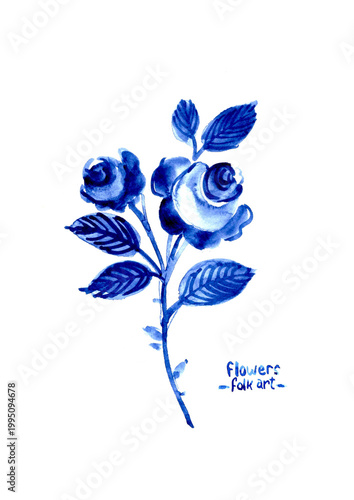 Hand drawn watercolor blue floral decor. Folk art decorative elements with flowers leaves branches. Gzhel chinaware pattern. Traditional ornamental background