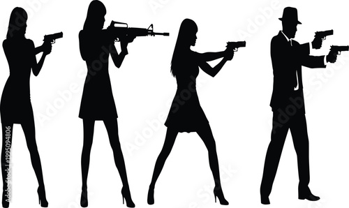 Gun silhouette collection, people holding firearms, pistol vector artwork, rifle illustration design, dramatic pose silhouettes, black and white weapon art