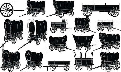 Historic wagon silhouettes, vintage cart illustration, covered wagon vector, transportation history artwork, spoked wheel design, black silhouette collection, rustic style