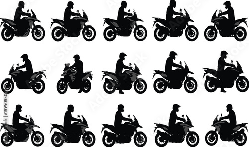 Motorcycle rider silhouettes, touring bike vector, helmeted rider artwork, sport touring illustration, black and white motorbike icons, riding posture graphics