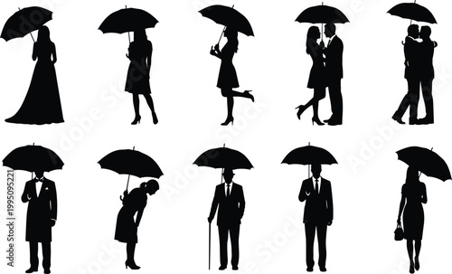 Umbrella silhouette collection, people holding umbrellas, walking couple artwork, standing figure vector, rainy day illustration, black and white human design