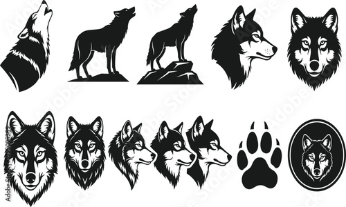 Wolf silhouette collection, howling wolf artwork, wild animal vector, wolf head design, paw print symbol, tribal wolf illustration, black silhouette