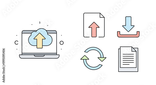 Cloud Computing Laptop Upload Download Sync Icons Set Vector