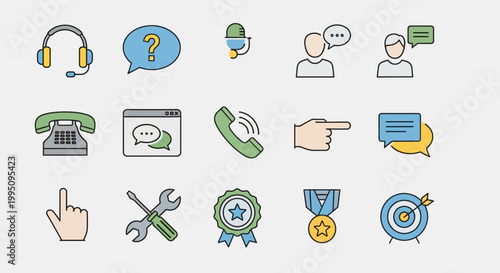 Customer Service and Support Icons Set: Communication, Help, Feedback, and Success
