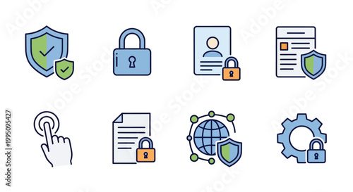 Cyber Security Icons: Protection, Privacy, Data, Network, Lock, Shield, Gear