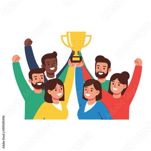 Photos Diverse team celebrating victory, holding a golden trophy aloft, teamwork succes