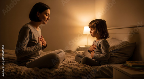 Mother and Daughter Practicing Mindfulness and Deep Breathing Before Bed in a Cozy Warmly Lit Bedroom