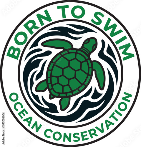 Green sea turtle in waves ocean conservation illustration with sea life save sea turtles