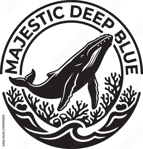 Majestic deep blue whale illustration with coral and waves in circular logo design with ocean