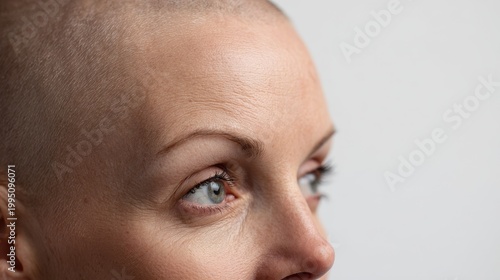 Natural light head-and-shoulders close-up of a balding woman with calm, neutral mood