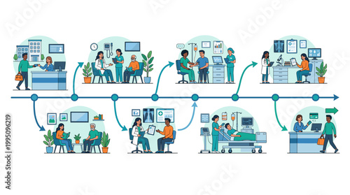 Healthcare process illustrations showing patient journey in clinic  