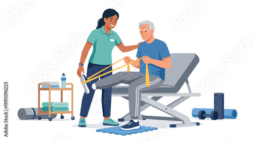 Senior man exercising with therapist using resistance band at gym  