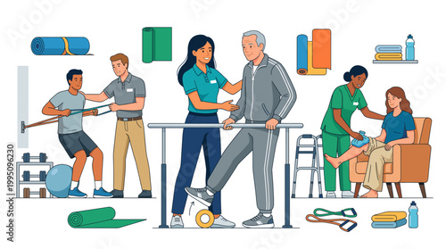 Healthcare professionals assisting patients in physical therapy sessions  