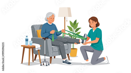 Elderly woman participating in physical therapy with caregiver indoors  