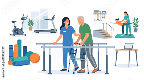 Elderly man using walker with nurse in rehabilitation gym setting  