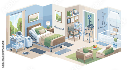 Modern healthcare room interior with hospital bed and medical equipment  