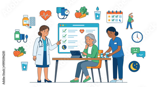 Doctor explaining health plan to elderly woman while nurse assists  