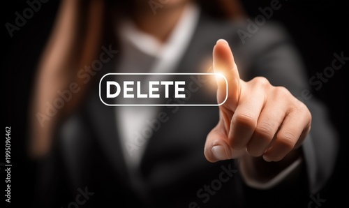 A determined hand presses a glowing delete button on a virtual interface, symbolizing the removal of years of digital content