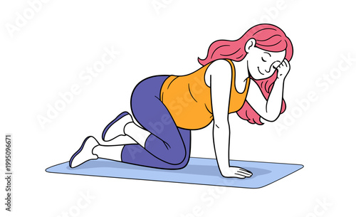 Pregnant pink haired woman stretching on mat. Prenatal wellness illustration isolated on white. Soft hand drawn artwork of a pregnant young woman with visible baby bump practicing.
