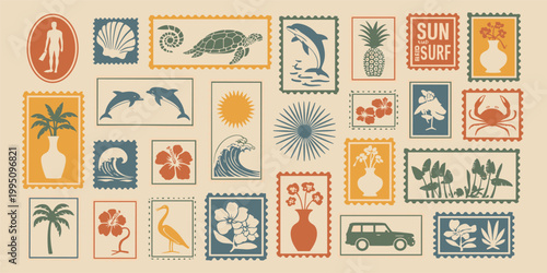 Vintage Tropical Stamp Collection with Beach and Island Motifs