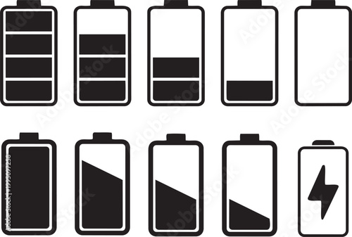 Battery Level Indicator Icons: A visual representation of battery charge levels in a modern, minimalistic design. These icons clearly depict varying stages of power, from full to empty.