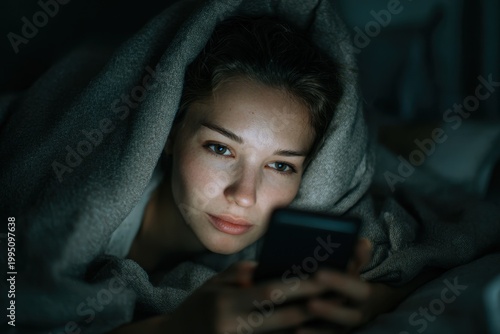 Sleep-deprived woman in a dim bedroom scrolling on a smartphone late at night