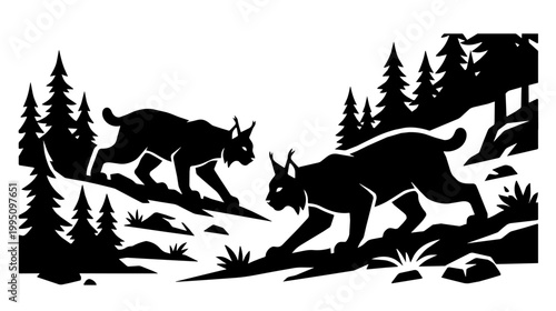 two lynx prowling across a pine forest clearing