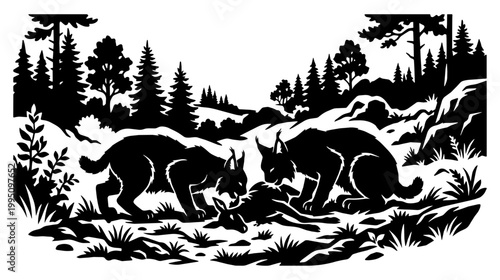Lynx feed on a carcass in a pine forest clearing. High contrast stencil shows a tense midday atmosphere