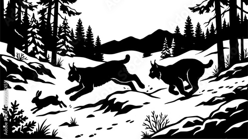 Lynx hunting chasing a rabbit across a snowy forest clearing.