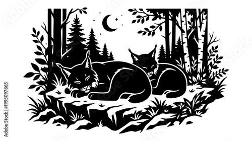 Lynx sleep on a rocky forest clearing. Moonlit pines and birch frame the scene in a quiet nocturnal mood.
