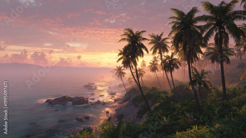 Sunrise over a palm-lined cliff overlooking a calm tropical sea