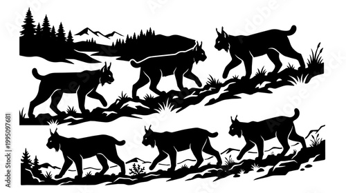 Lynx walking along a rocky ridge in a mountain forest. Multiple silhouettes traverse the slope creating a bold monochrome pattern.