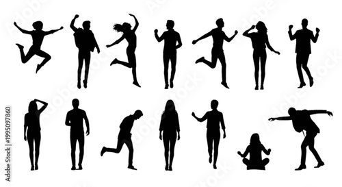 Collection of black human silhouettes in various poses