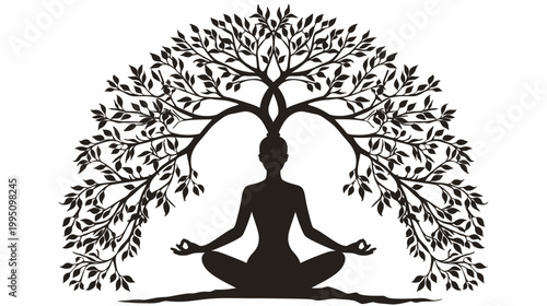 Meditating figure under tree silhouette representing growth and harmony