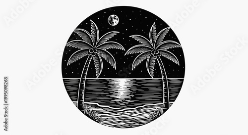 Nighttime palm trees silhouetted by moon and stars over ocean waters
