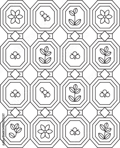 Seamless botanical line art pattern with unique flower berry and plant motifs in octagonal geometric