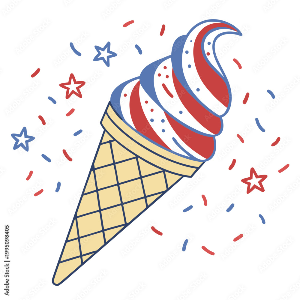 Obraz premium Patriotic Soft Serve Ice Cream Cone Vector with Red White and Blue Swirl and Stars