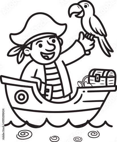 Cartoon pirate boy with parrot and treasure chest on a ship in the ocean with sea life black and white