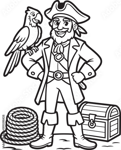 Cartoon pirate with parrot treasure chest and rope illustration with pirate captain coiled rope