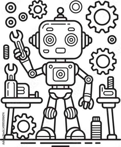 Cartoon robot holding wrench with gears and tools in outline style in outline style icon set in outline style