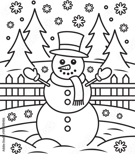 Cheerful snowman with top hat scarf and mittens stands among pine trees and falling snowflakes winter