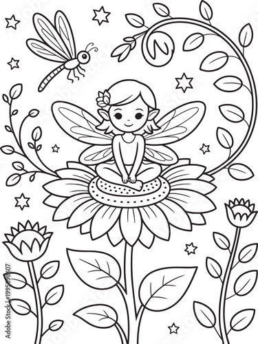 Fairy with wings on a large sunflower a dragonfly flowers and stars in whimsical line art for coloring