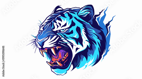 Vibrant tiger illustration in blue tones with sharp details on a white background