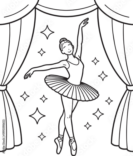 Graceful ballerina performing a classic ballet pose on stage with elegant curtains and sparkling stars line
