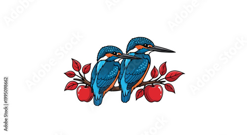 Two vibrant kingfisher birds perched on a branch with red apples