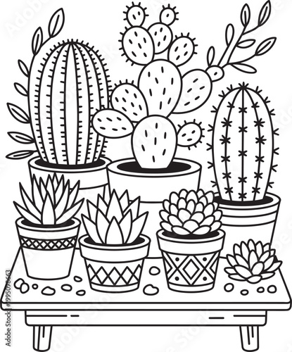 Hand drawn outline set of 3 set of 4 vector illustration with potted succulent and cactus plants