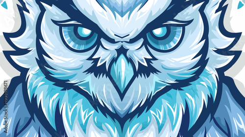 Stylized owl illustration graphic design of majestic bird with blue and white feathers
