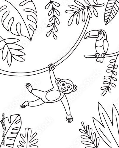 Jungle animals with monkey swinging on a vine and toucan in a tropical forest line art coloring page